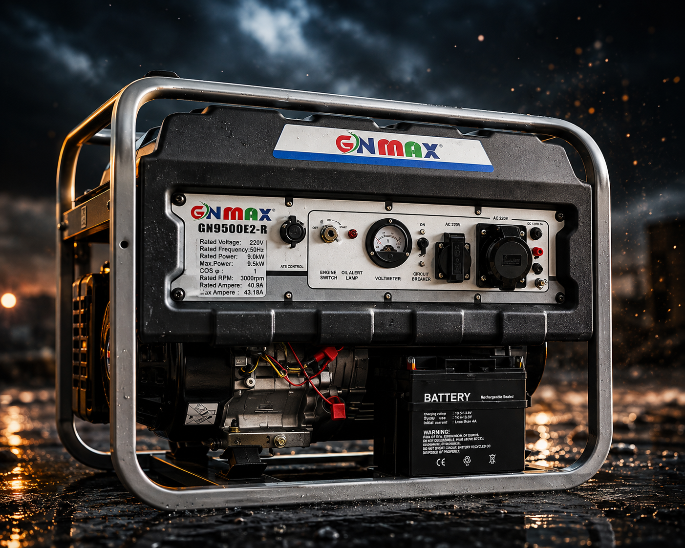 موتوربرق تکسوز 9.5 کیلووات برند جن مکس / GenMax مدل  GN9500 E2 بنزینی, دینامی, استارت و هندل ریموت دار
